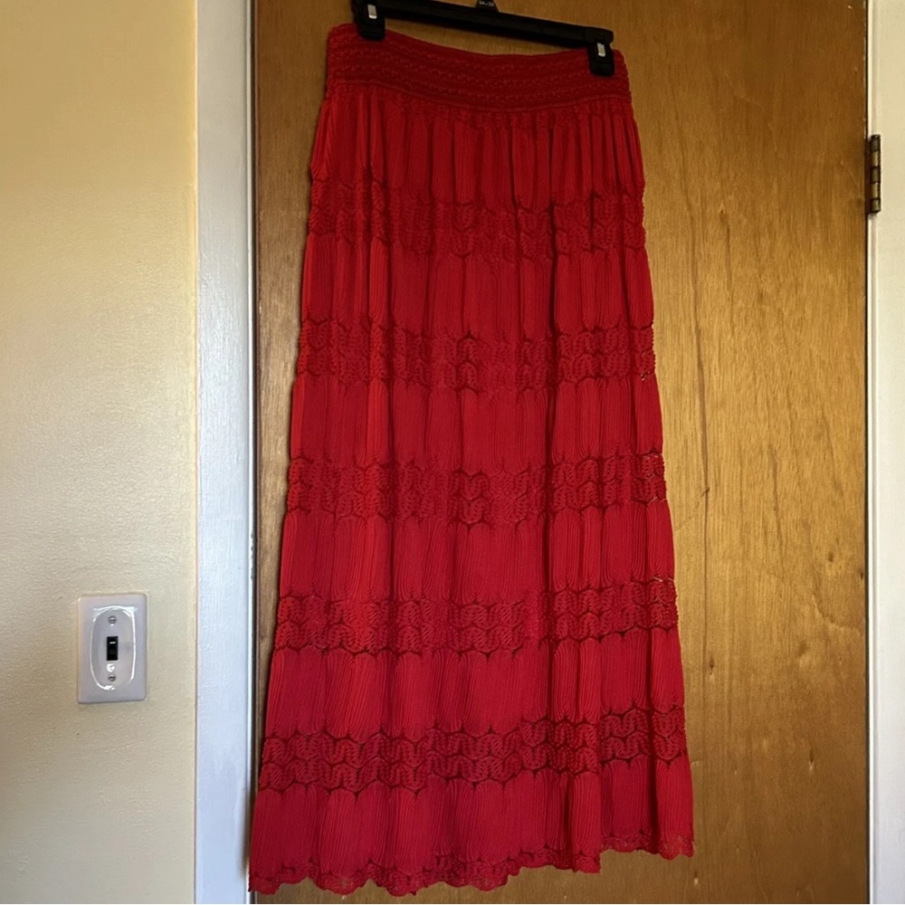 Long Red Crochet Eyelet Texture Layered Skirt M Medium